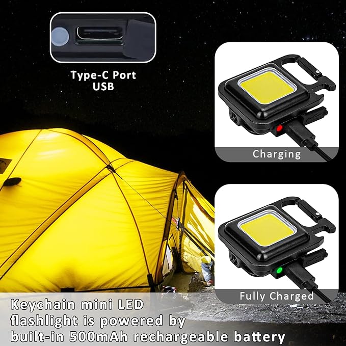 MAKDAK Cob Keychain Work Light Keychain Flashlights 4 Light Modes,Keychain Light Emergency Light with Folding Bracket Bottle Opener for Fishing,Camping and Walking 2Pack