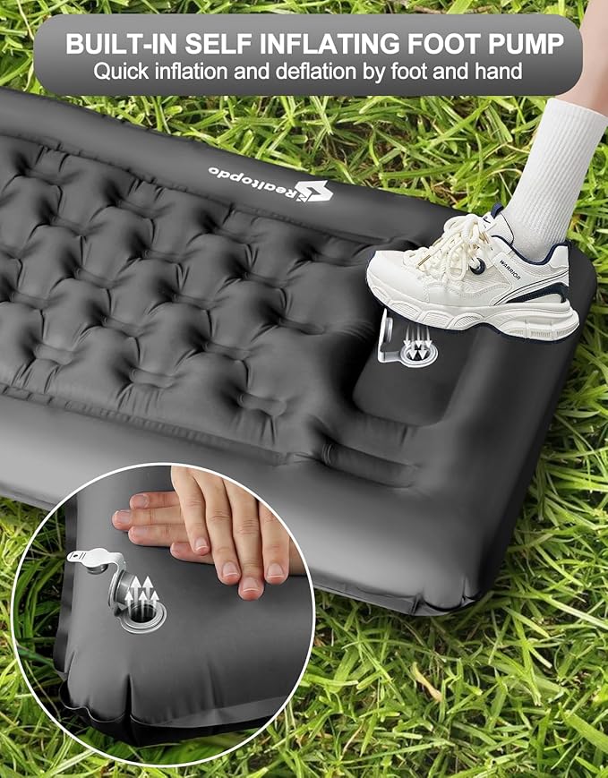 5'' Extra Thick Sleeping Pad for Camping - Self Inflating Camping Pad with Pillow Foot Pump, Roll Up Inflatable Mattress Pad for Camping Backpacking, Hiking, Tent, Traveling (Grey)