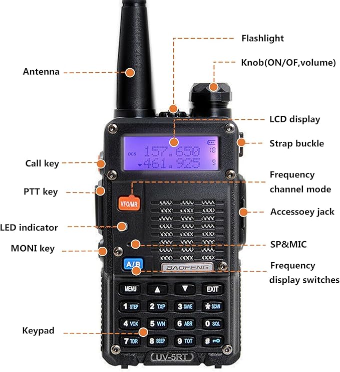 BAOFENG UV-5RT Walkie Talkies Dual-Band Display, Dual-Standby, 5W Output Power, 128 Channels, FM Radio, LED Flashlight, Large LCD Display UV-5RT Portable Two Way Radio with AR-771 Antenna