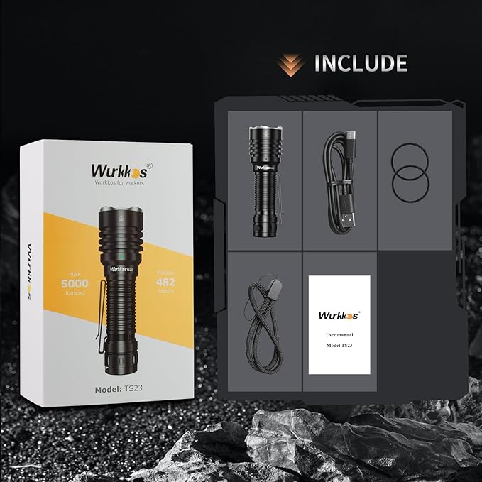Wurkkos TS23 5000 High Lumens Flashlight,1581Ft Long Range Flashlight 6000K 70.3 HI LED High Power Super Bright LED Flashlight with Tail E-Switch,IP68 Waterproof Flashlights for Emergency,Repair,Work