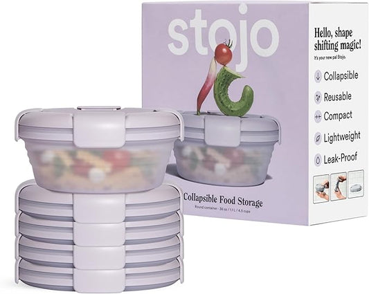 STOJO Collapsible Bowl 5 Set - Translucent Lilac, 36oz - Reusable Silicone Bowl for Hot and Cold Food - Perfect for Travel, Meal Prep, To-Go Lunch, Camping & Hiking - Microwave & Dishwasher Safe