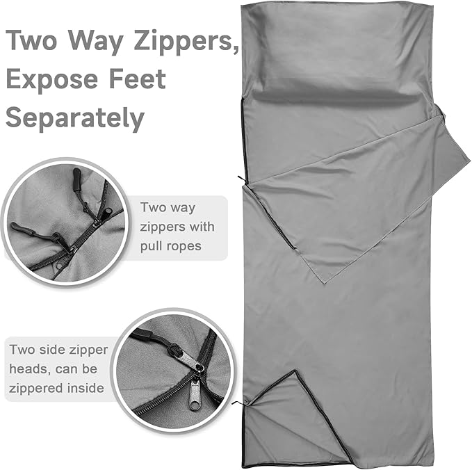 Sleeping Bag Liner, Sleep Sack Travel Sheets, Two-Way-Zipper Expose Feet Separately, Portable Single Camping Sheet for Hotel,Hostels,Business Trips