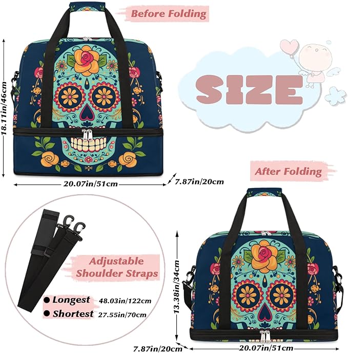 cfpolar Woman Travel Duffel Bag Mexican Skull Foldable Tote Carry On Luggage Sports Gym Bag With Shoe Compartment Overnight Weekend Yoga Workout Bag Training Handbag