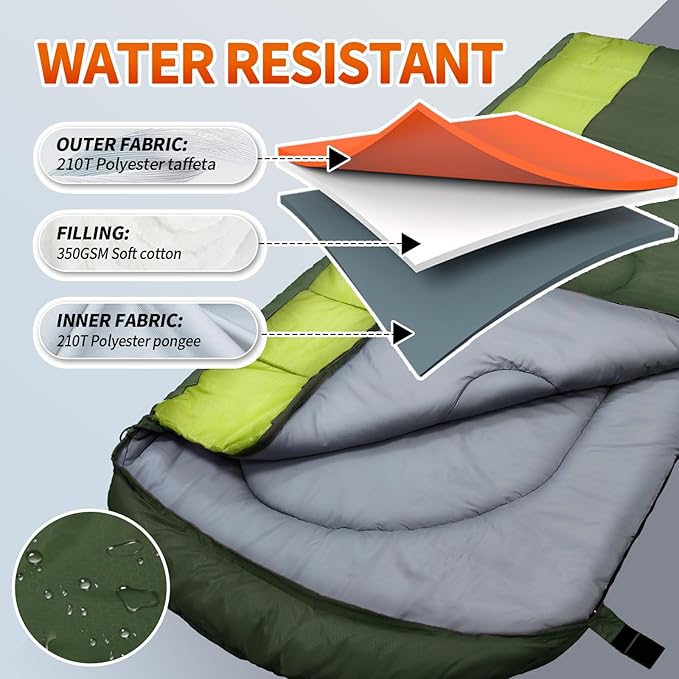 XL 10 Degree Sleeping Bags Waterproof for Adults 350GSM Machine Washable with Compression Sack for 3-4 Season Camping Outdoor