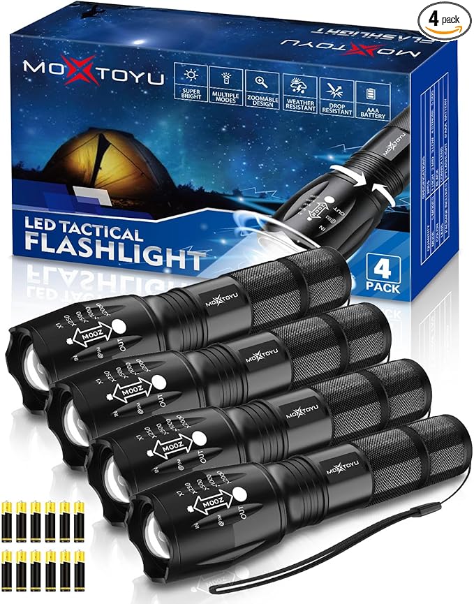 Flashlight 4 Pack, 5 Modes 2000 Lumen Tactical LED Flash Light, High Lumens Bright Waterproof Flashlights, Zoomable Flash Lights for Camping, Emergencies, Outdoor, Home, Gift for Men Adult