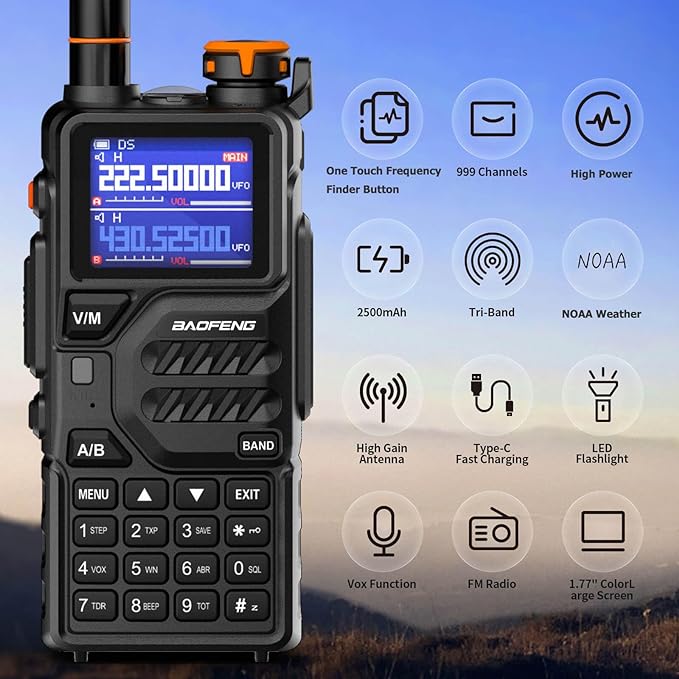 BAOFENG K5PLUS Tri-Band Ham Radio Long Range Walkie Talkies High Power Two-Way Radio with One Touch Frequency Finder Button, USB-C Charging, Color Large Screen Display, NOAA Weather, 999CH