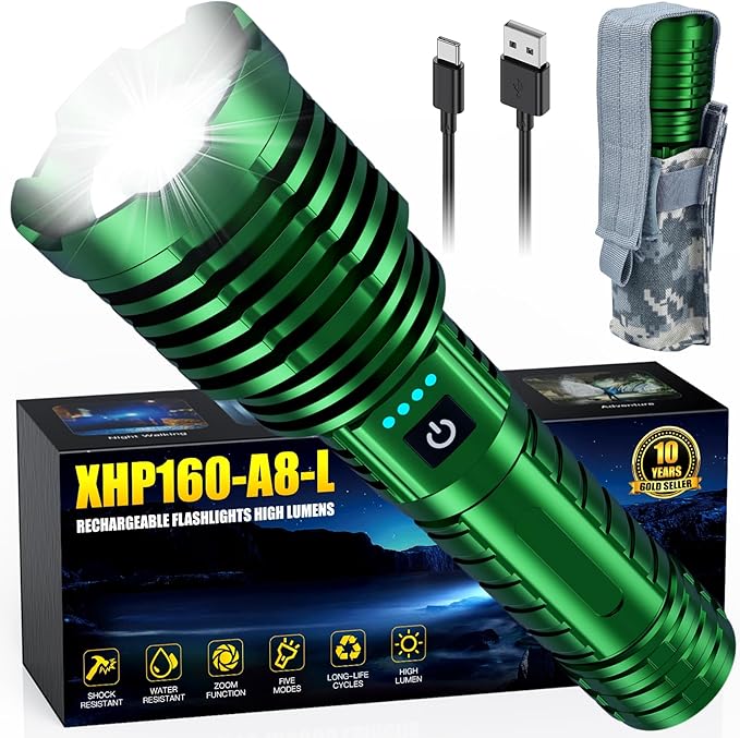 Rechargeable Flashlights 2400000 High Lumens, Super Bright LED Flashlight Battery Powered|30H Long Life|Holster| Zoomable 5 Modes|Output|Waterproof|Powerful Tactical Flashlights for Emergency, Camping