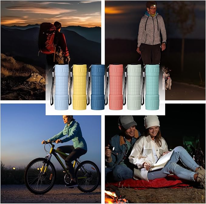 18 Pack 9 LED Flashlight Bulk Plastic Handheld Flashlight Kids Flashlight with Lanyard, Each with 3 AAA Batteries Included for Kids Night Reading Party Camping Emergency Hunting, 6 Color