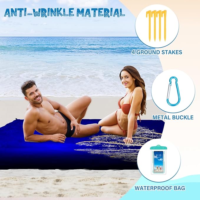 Beach Blanket Waterproof Sandproof 1-7 Adult Oversized 78 '' × 81 '' Lightweight Durable Compact Sand Free Beach Mat for Travel Camping Hiking Picnic Blanket Extra Large