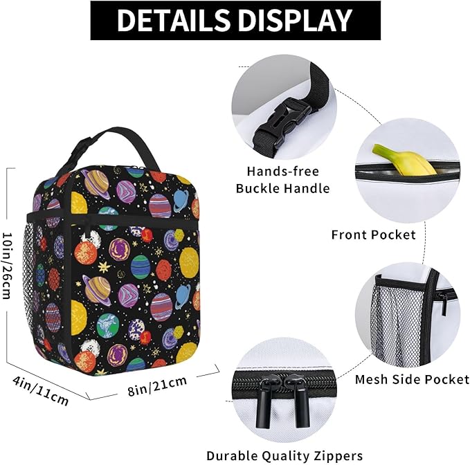 Cartoon Space Planet Insulated Lunch Bag Reusable Cooler Lunch Box Portable Leakproof Thermal Container Tote Bags for Girls Boys School Travel