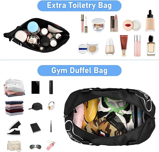 Weekender for Women, French Bulldog Black Gym Sports Duffle Travel Tote With Toiletry Bag, Shoes Compartment, Dry/Wet Separation Swim Bag