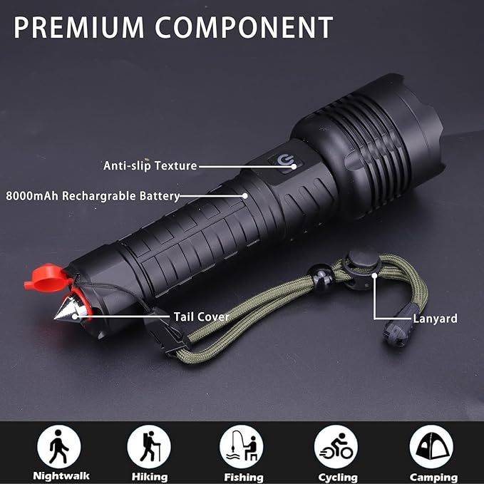 Rechargeable Led Flashlights 10000 Lumens Flashlight 6.7in Handheld Flashlights IP44 Waterproof Zoomable 5 Modes Waterproof Flash Lights for Emergency, Outdoor, Home, Camping, Hiking(Battery Free)