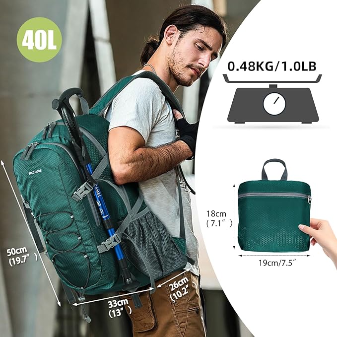 40L Lightweight Hiking Backpack Travel Packable Daypack for Women and Men, Green