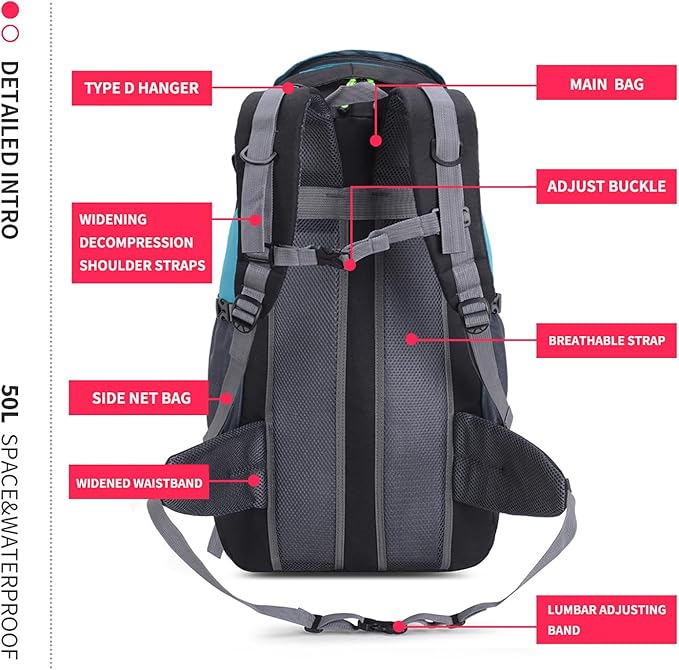 Bseash 50L Hiking Backpack, Water Resistant Lightweight Outdoor Sport Daypack Travel Bag for Camping Climbing Touring (Lake Green - No Shoe Compartment)