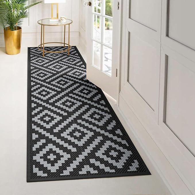 GENIMO Outdoor Rugs 2.5x8 Waterproof, Reversible Mats, Outdoor Area Rug, Plastic Outside Carpet, Eeometric Rv Mat for Patio Camping Rv Picnic Backyard Deck Balcony Porch Beach (Black & Grey)