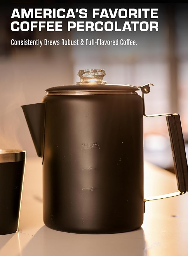 COLETTI Black Bozeman Percolator Coffee Pot — Camping Coffee Pot, Coffee Percolator – America’s Sleekest Percolator – Pure Stainless Steel, NO Aluminum or Plastic (9 Cup)