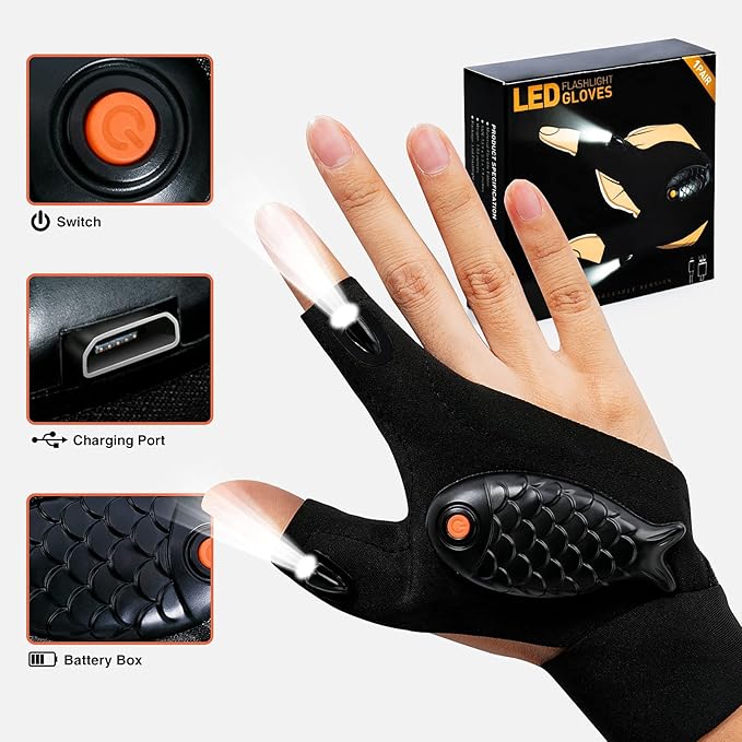 ThxToms Father's Day Gift,Rechargeable LED Flashlight Gloves,Gifts for Men,Christmas, Birthday Gifts for Dad Boyfriend Husband Men Him, Cool Gadgets Tools for Repairing Fishing Camping, 1 Pair,Black