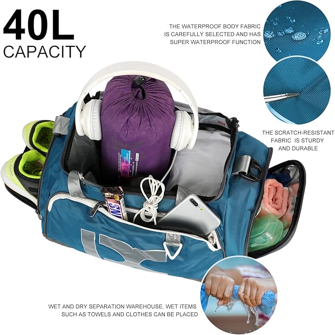 Sports Gym Bag,INOXTO Travel Duffel Bag with Dry Wet Pocket And Shoe CompartmentFor Women and Men,40L/55L Fitness Waterproof Weekender Bag For Swim Sports Travel Working Out (Blue gray, 40L)