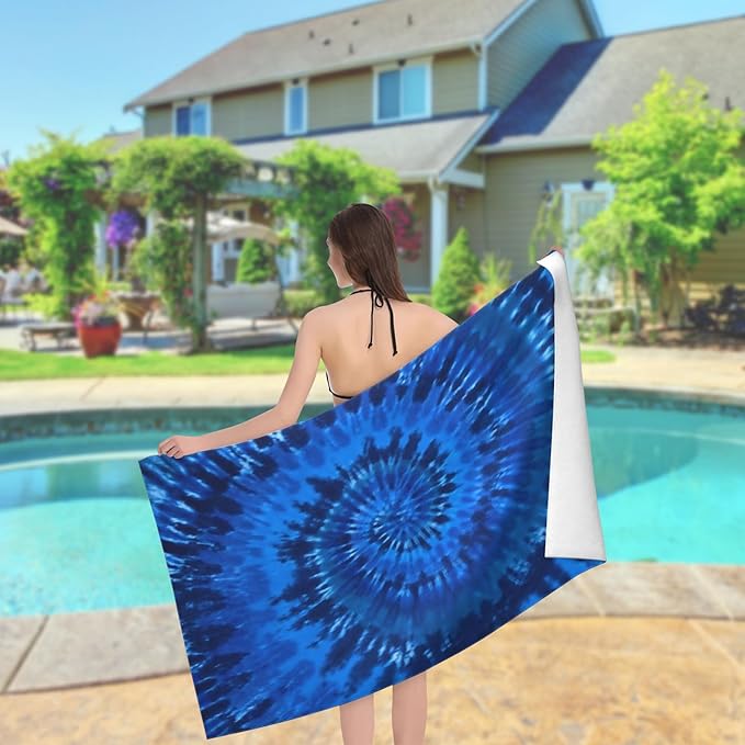 Microfiber Beach Towel Blue Tie Dye Oversized Large Sand Free & Quick Dry Lightweight Towel for Adults Womens Mens Travel Camping Gym Pool Swim
