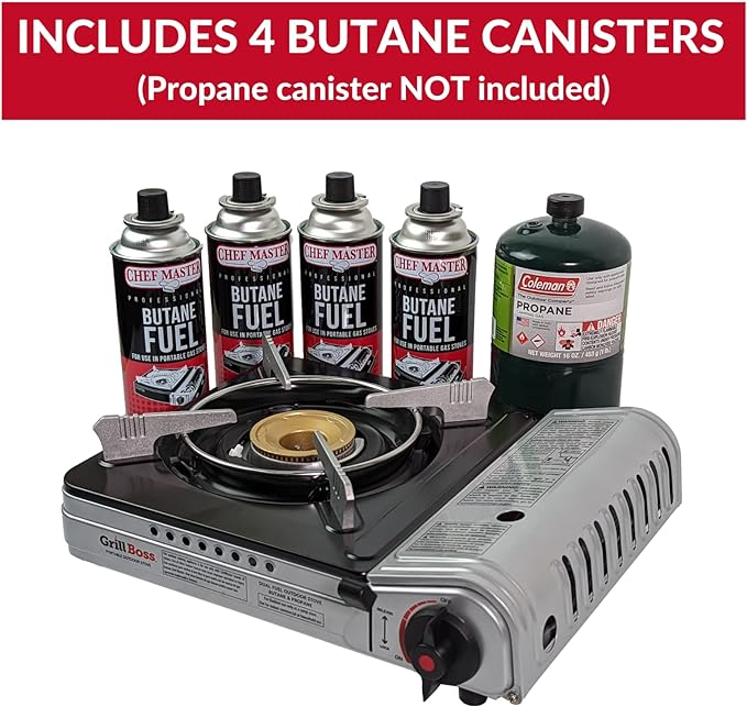 Dual Fuel Portable Stove, Butane & Propane Portable Camping Stove, 12K BTU Camp Stove with 4 x 8 oz. Tins Fuel, Dual Fuel Butane and Propane Stove for Emergencies & Outdoor Cooking by Grill Boss 90057