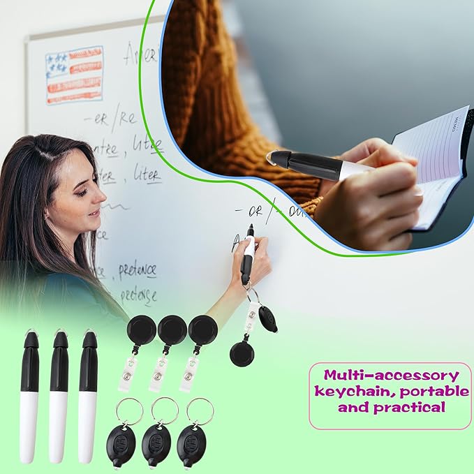 24 Pcs Mini LED Keychain Flashlights Permanent Marking Pens Badge Reel Mini LED Keychain Black Keychain Marker Pen
