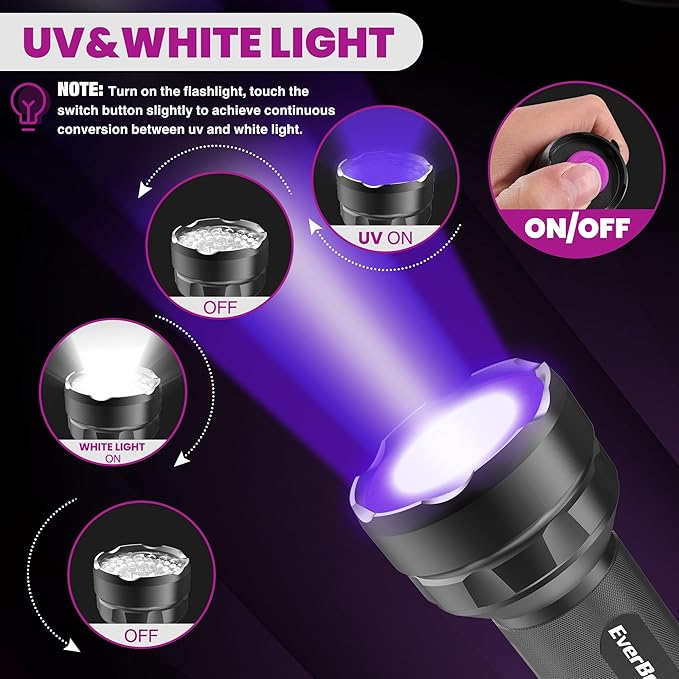 EverBrite LED Flashlight, Multifunctional Flashlight with UV and White Light, 395nm Black Light, 300 Lumens High Powered Flashlight for Camping, Emergencies, Pet Urine Stains, AA Batteries Included