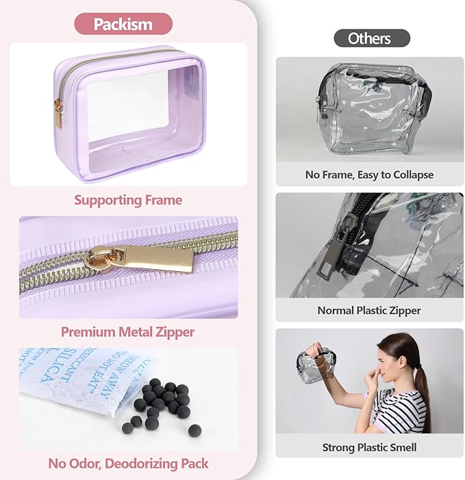 PACKISM TSA Approved Toiletry Bag - Amazing Color-Edged Clear Makeup Bag, 3 Pack in Spacious Space, Reusable Clear Toiletry Bags with Great Value, Purple