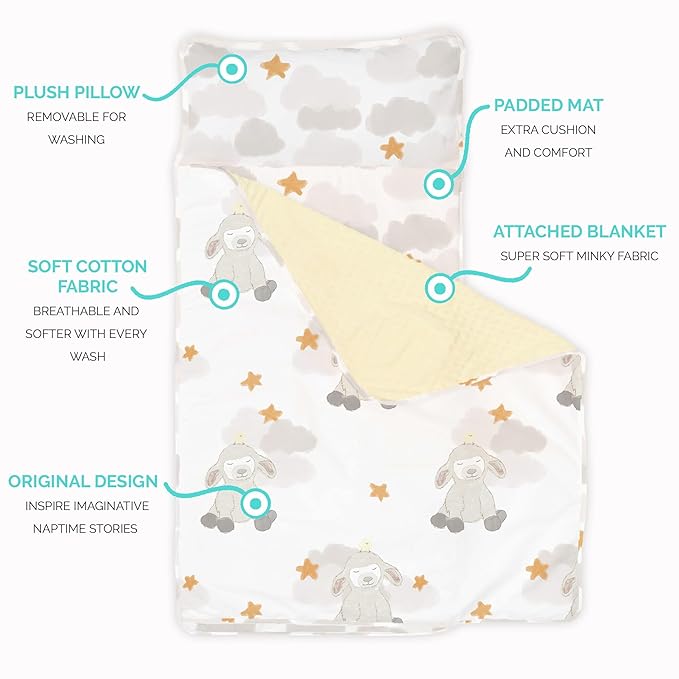 JumpOff Jo - Toddler Nap Mat - Sleeping Bag for Kids with Removable Pillow and Ultra Soft Blanket for Preschool, Daycare, and Sleepovers - Little Lamb