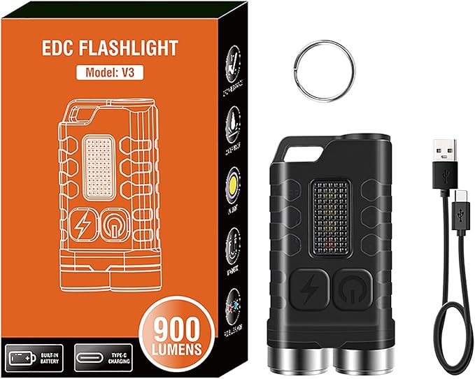 Mini Flashlight Keychain EDC Flashlight Rechargeable Magnet LED Bright 900LM Red UV Blue Light,IP65 Waterproof and 12 Light Modes Pocket Flashlight for Adventure Camping Black