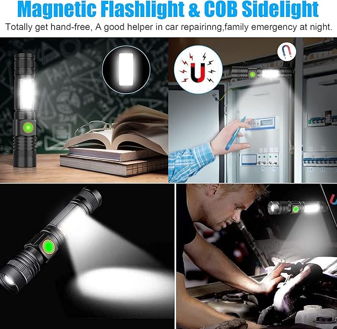 USB Rechargeable Flashlight, Magnetic LED Flashlight, 2000 Lumen Super Bright LED Tactical Flashlight with Cob Worklight,Waterproof,Zoomable Small LED Flashlight for Camping, Flashlight with Holsters