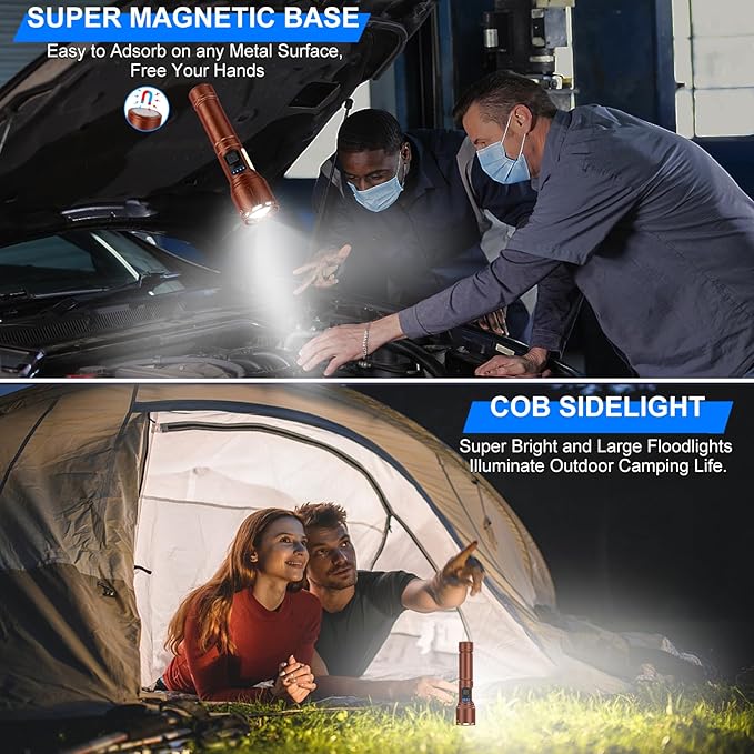 Rechargeable Magnetic Flashlights 100,000 High Lumens, Super Bright LED Powerful Flashlight 8 Modes with COB Work Light, Waterproof Handheld Flash Light for Camping (1 Pack with Paper Box, Brown)