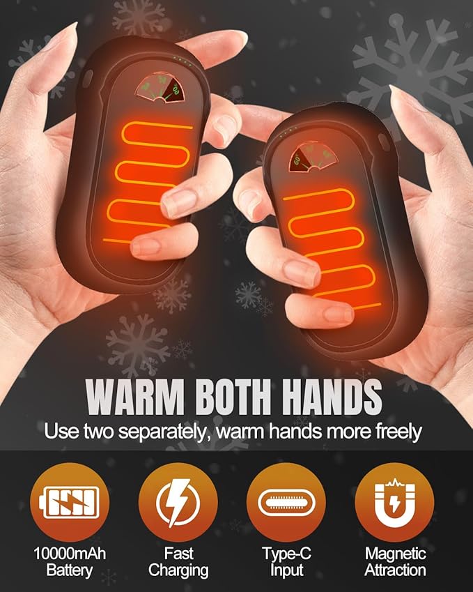 Hand Warmers 2 Pack, 10000 mAh Hot Hand Warmers Rechargeable, Electric USB Rechargeable Portable Hand Warmer, Reusable Hand Warmer for Camping, Fishing, Skiing, Hiking