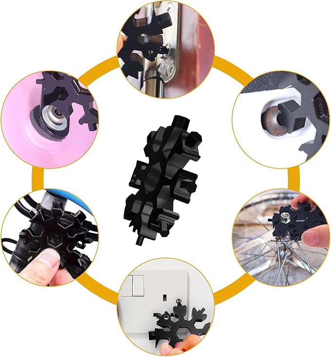 FZENeast Snowflake Multitool, 18-in-1 Stainless Steel Snowflake Standard Multitool, Snowflake Wrench with Key Ring, Carabiner Clip and Storage Bag (Black)