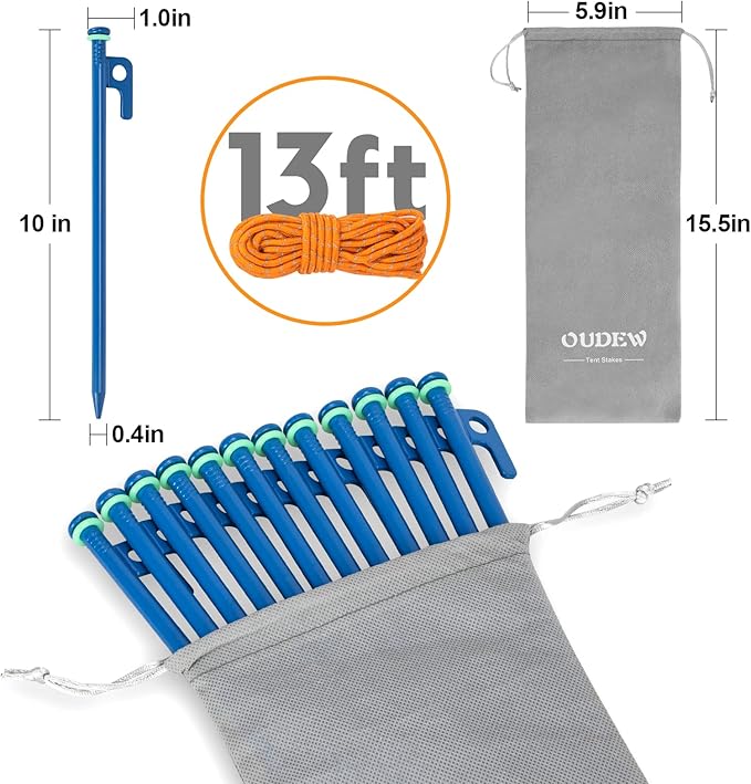 10 inch Tent Stakes Heavy Duty 12 PCS Camping Tent Stakes for Yard and Ground with Reflective Camping Ropes and Pegs Bag(Blue)