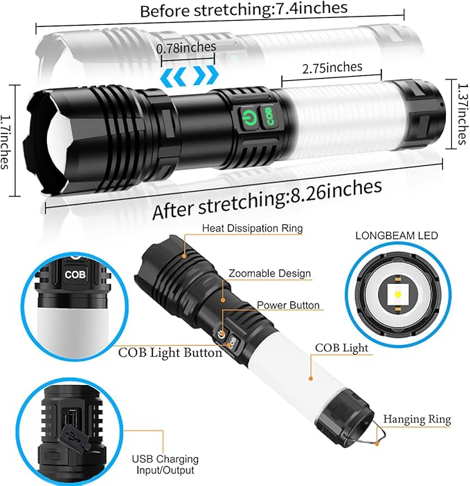 Flashlights High Lumens Rechargeable, 20,000LM Super Bright LED Flashlight with 360° COB Light, Hook, 8 Modes, Powerful Tactical Flash Light, Dual Button Pocket Small Flashlight for Camping,Emergency