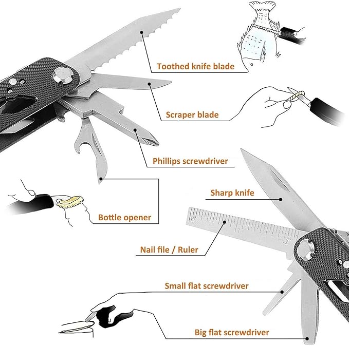 Multi tool with Pliers, Knife Bottle Opener Screwdriver Saw - Perfect for Outdoor Survival Camping Fishing & Hiking 11 in 1 Plus 11 Bits