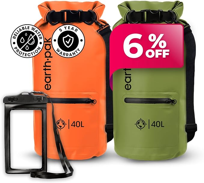 Earth Pak Waterproof Dry Bag with Zippered Pocket - Waterproof Dry Bag Backpack Keeps Gear Dry for Boating, Camping, Fishing, Beach Drybag, Kayak Accessories - Dry Bags Waterproof with Phone Case