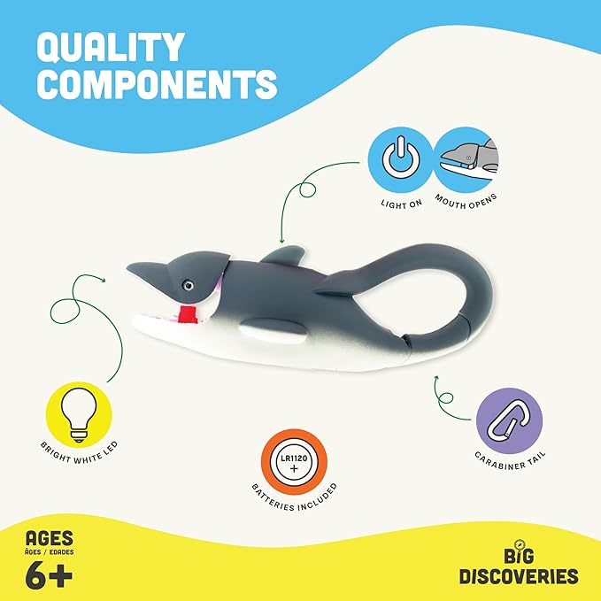 Sun Company Big Discoveries LifeLight Animal Carabiner Flashlight – Fun Mini Animal Keychain Flash Lights for Kids, Adults, Nurses (Dolphin)