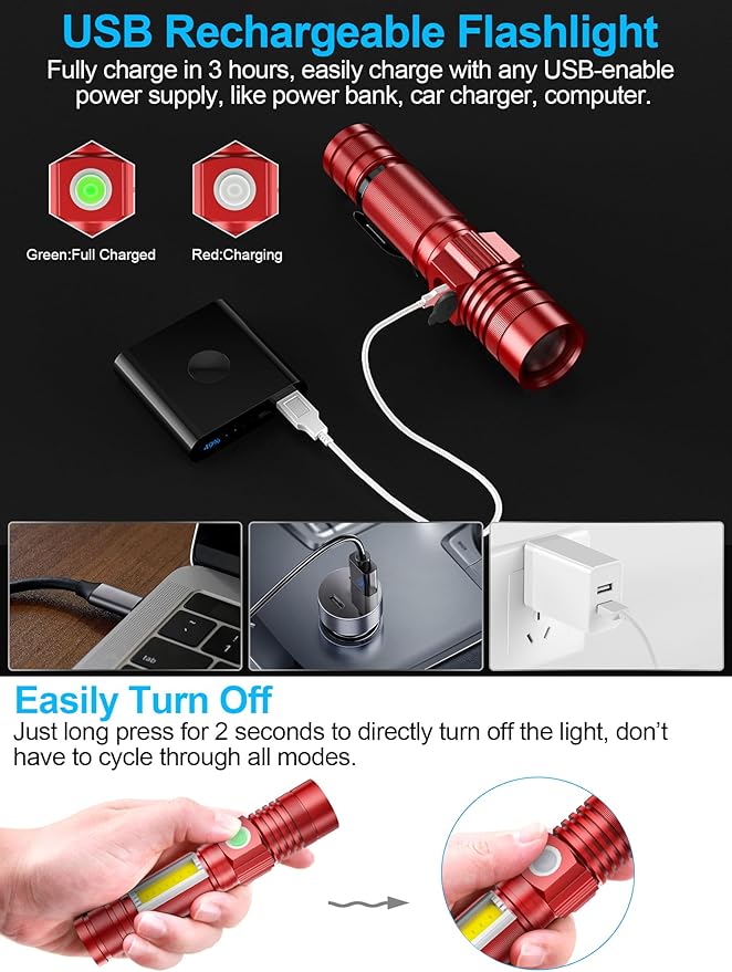 Rechargeable LED Flashlights, Magnetic Flashlight Super Bright Tactical Flashlight with SideLight,USB Rechargeable,Zoomable,Waterproof Best Small Flashlight for Camping, Emergency Red