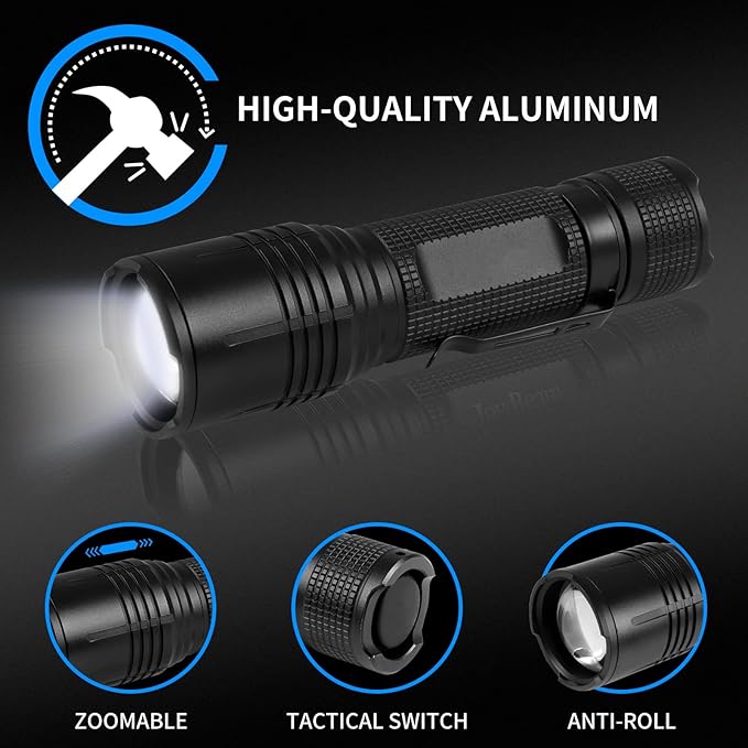 LED Flashlights 2PCS - Mini Tactical Flashlight with 5 Modes, Zoomable Beam, Battery Level Alert-650LM Powerful and Bright Handheld Flashlight for Home, Camping, Hiking,Emergency