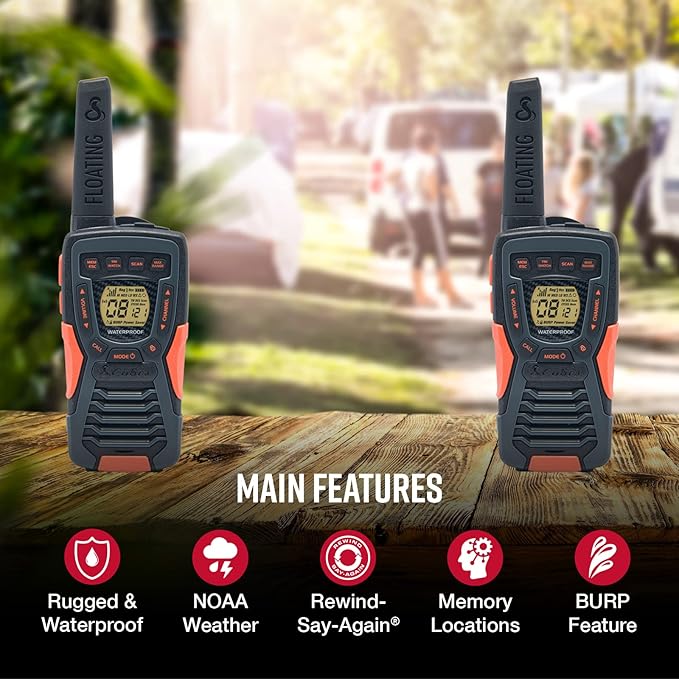 Cobra ACXT1035R FLT Floating and Waterproof Walkie Talkies for Adults & Compatible Cobra Surveillance Headset: Rechargeable, 22 Channels, Long-Range, 2 Two-Way Radios, 2 Headsets, Black/Orange