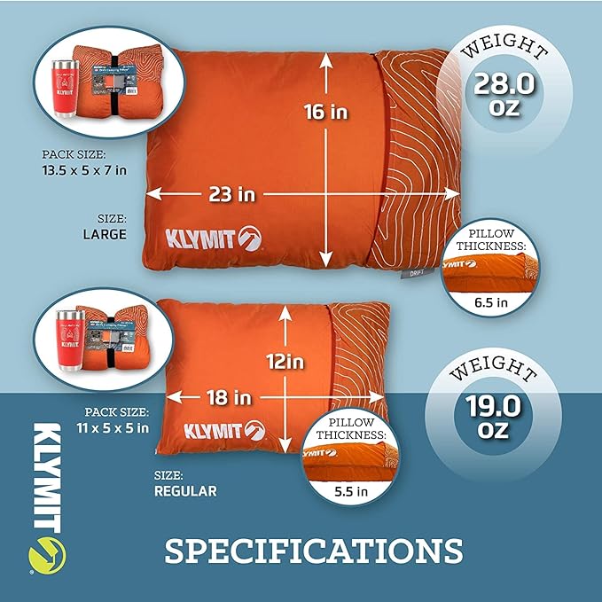 Klymit Drift Camping Pillow, Shredded Memory Foam Travel Pillow with Reversible Cover for Outdoor Use, Orange, Large