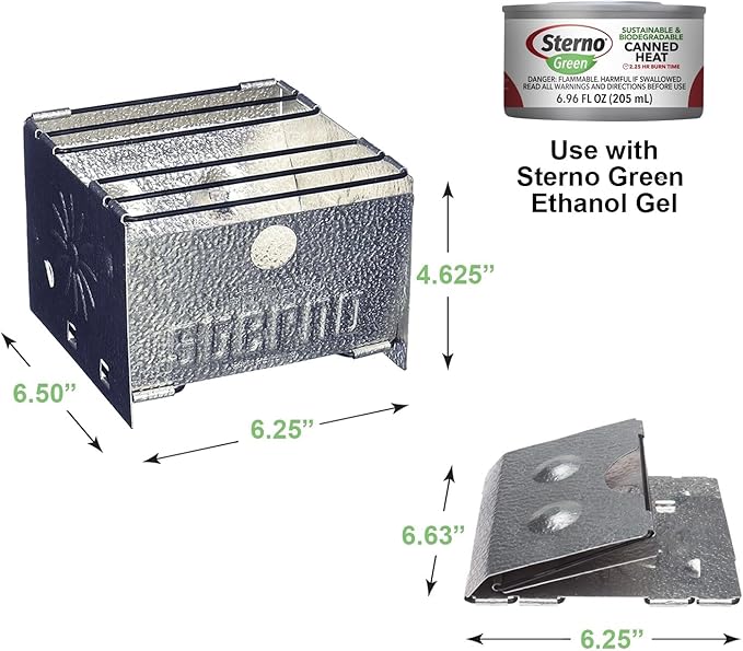 Sterno Folding Stove, Compact Emergency Food Prep, Silver, 6-1/4"L x 6-3/8"W x 4-5/8"H, Fuel Not Included