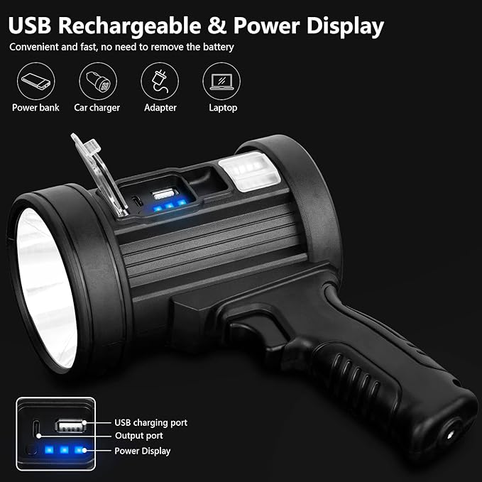 MIXILIN Rechargeable Spotlight, 1000,000 Lumens Handheld Hunting Flashlight Led Spot Light with Cob Light and Solar Panels, Lightweight and Super Bright Spotlight for Hunting Boating Camping