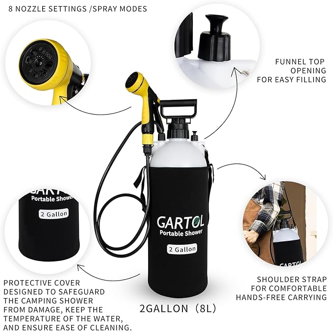 GARTOL 2 Gallon Portable Shower with Handheld showerhead, Silicone Bath Massage Brush, and thermal insulation bag, High-Pressure Camping Shower, Surf Shower, Dog Shower, Camp shower Sprayer