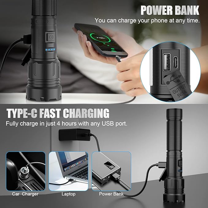 Magnetic Rechargeable Flashlight 10000 High Lumens, Super Bright LED Flashlight with COB Work Light, USB C, 7 Modes, Zoomable, IPX6 Waterproof Tactical Pocket Flashlights for Emergency Camping1