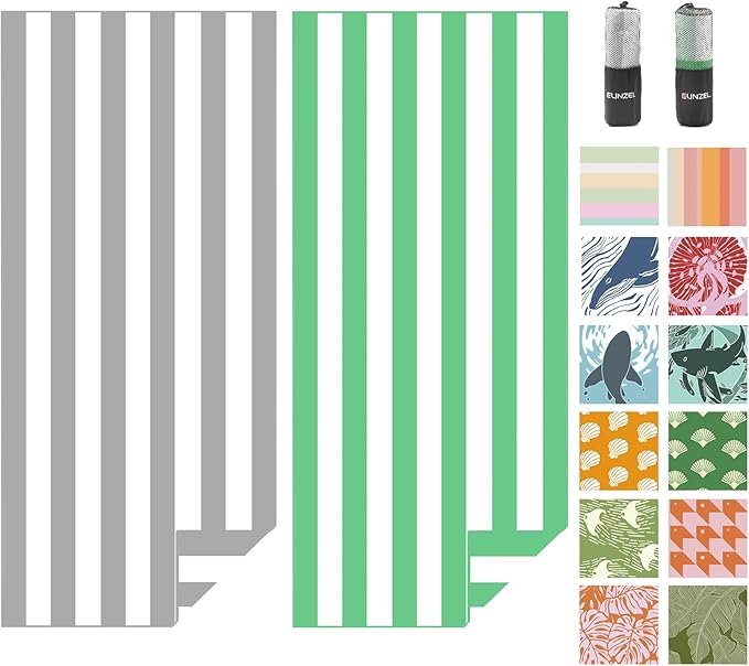 Eunzel 2 Pack Microfiber Beach Towel, Quick Dry Travel Towel Large Sand Free Towel for Beach, Camping, Swim Pool, Gym, Sports& Yoga 71"x32", Stripe Grey & Green