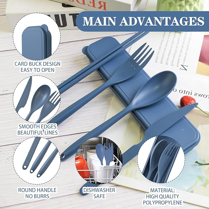 Large Reusable Travel Utensils Set with Case, Plastic Silverware Set for Adults Travel Picnic Camping, Portable Flatware Cutlery Set with Chopsticks for Daily Use(Dark Blue)
