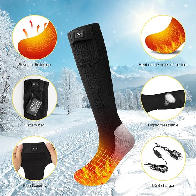 Battery Heated Socks - Rechargeable Warm Winter Socks for Men Women, Foot Warmers for Camping Hunting Running Hiking Riding Skiing Cycling Motorcycle Cold Feet