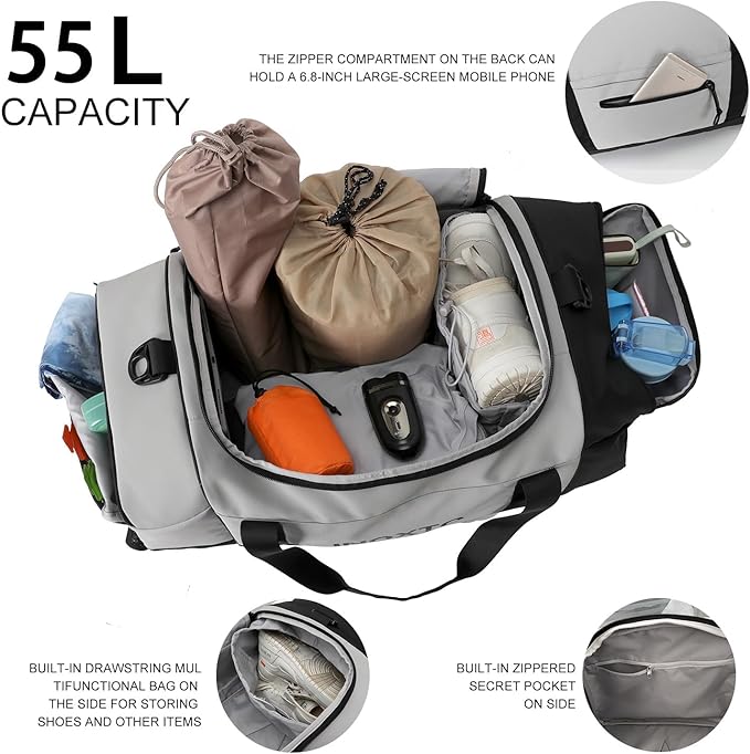 Sports Gym Bag,INOXTO Travel Duffel Bag with Dry Wet Pocket And Shoe CompartmentFor Women and Men,40L/55L Fitness Waterproof Weekender Bag For Swim Sports Travel Working Out (Gray, 55L)